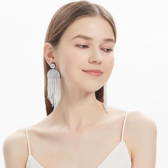 Long Boho White Beaded Tassel Fringe Dangling Drop Fan Chandelier Post Earrings - Picture 6 of 7